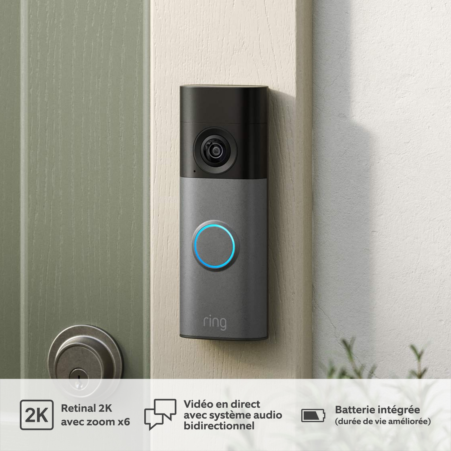 Newer Ring Battery Video Doorbell 2K mounted beside a front door